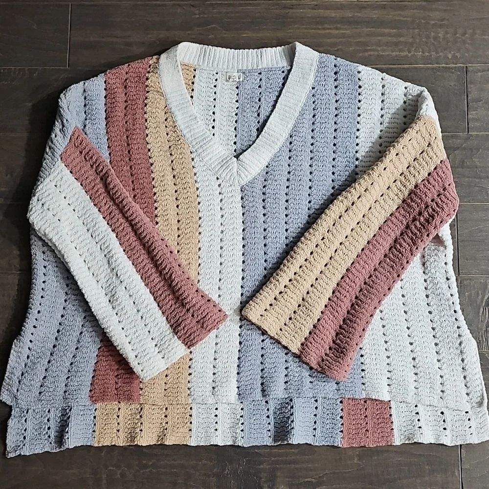 POL Chunky Knit Striped Colored Block Chenille Sweater Size Large - Picture 5 of 6